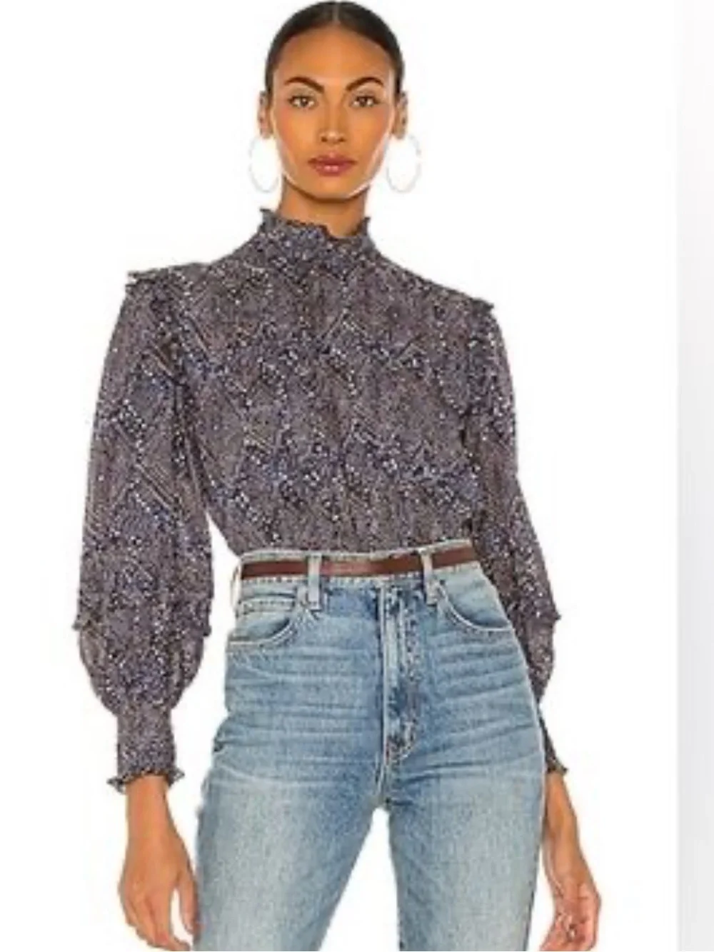 Ulla Johnson Sigrid Blouse In Indigo Diamond Size 0 Boho Puff Sleeve NWOT
